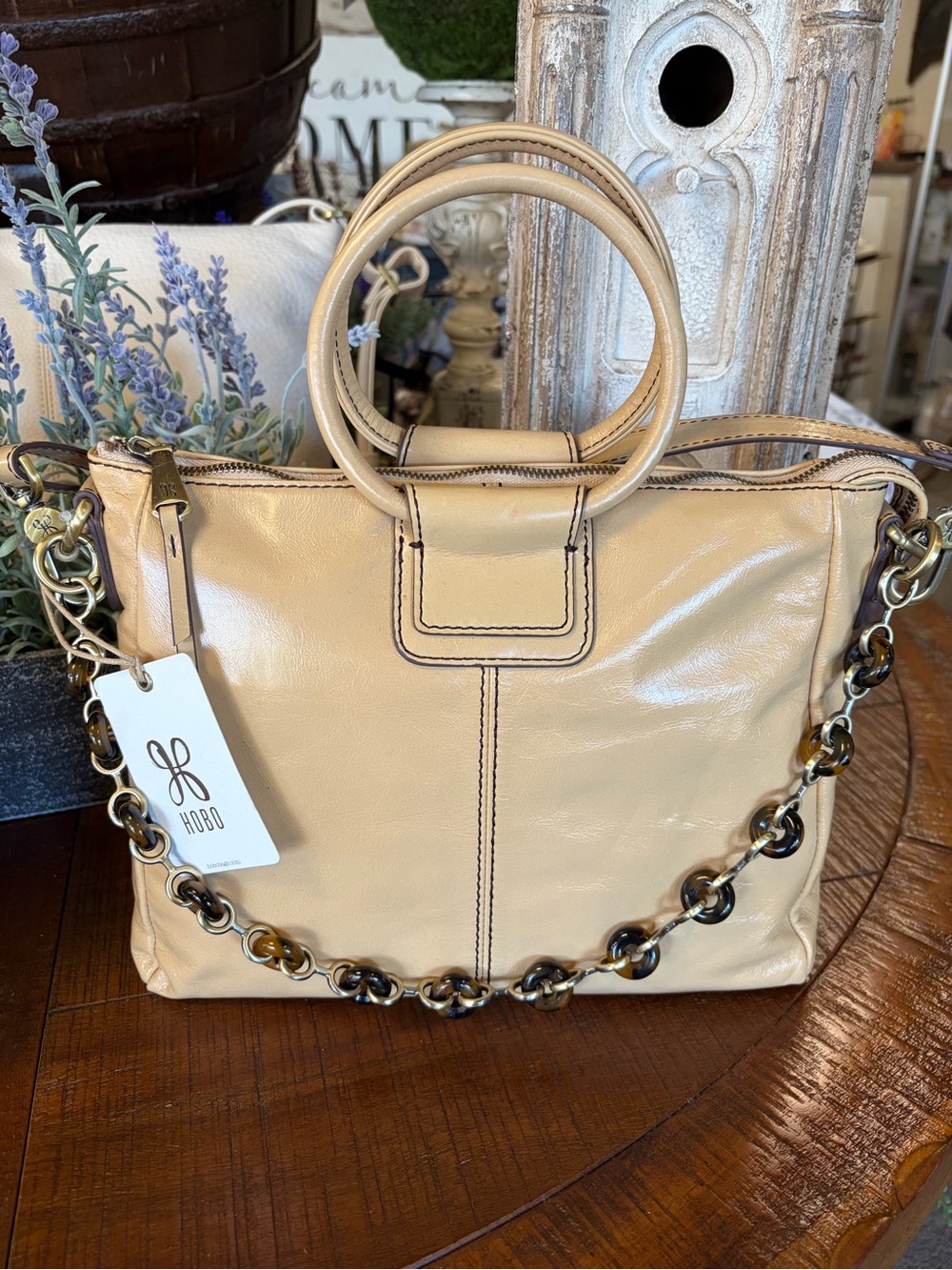 HOBO Sheila Medium Desert Sand Satchel with Tortoiseshell Chain